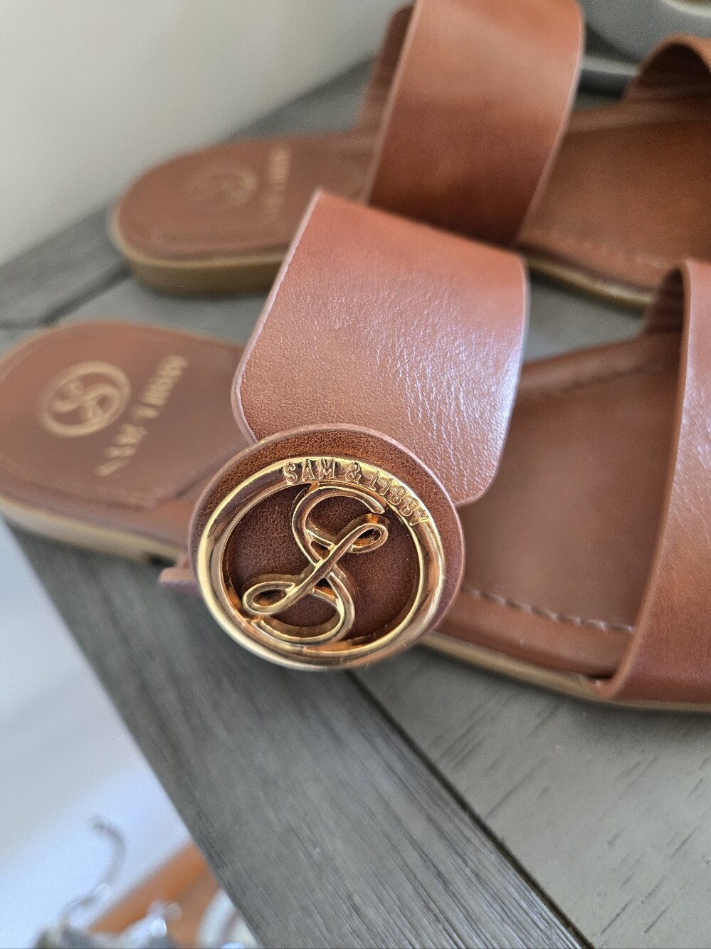 Sam&Libby Brown Leather Double-Strap Slide Sandals Sz 7.5 - Picture 2 of 5